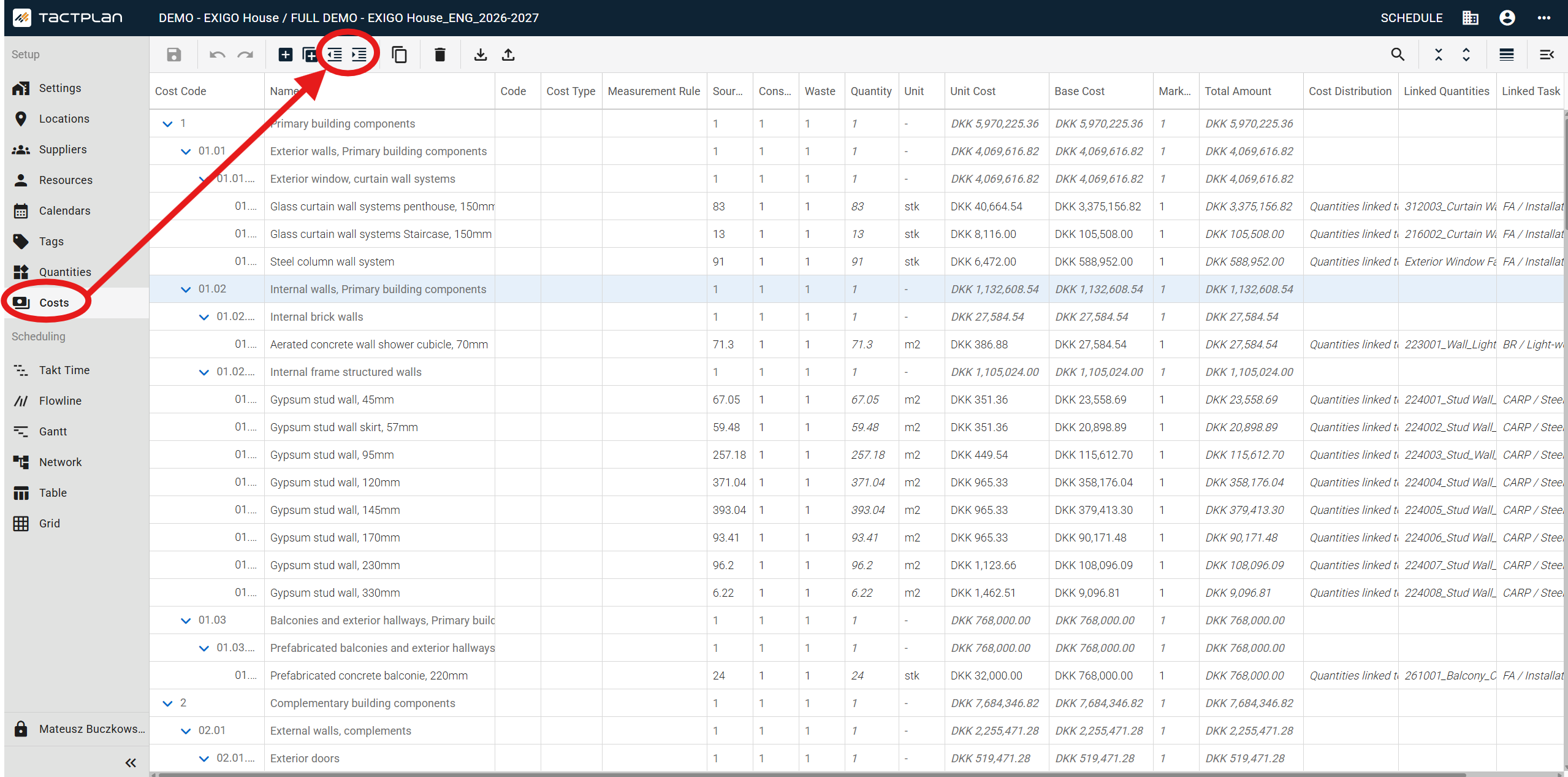 Setup - Costs - select cost item - Indent (en) (2.5.1)