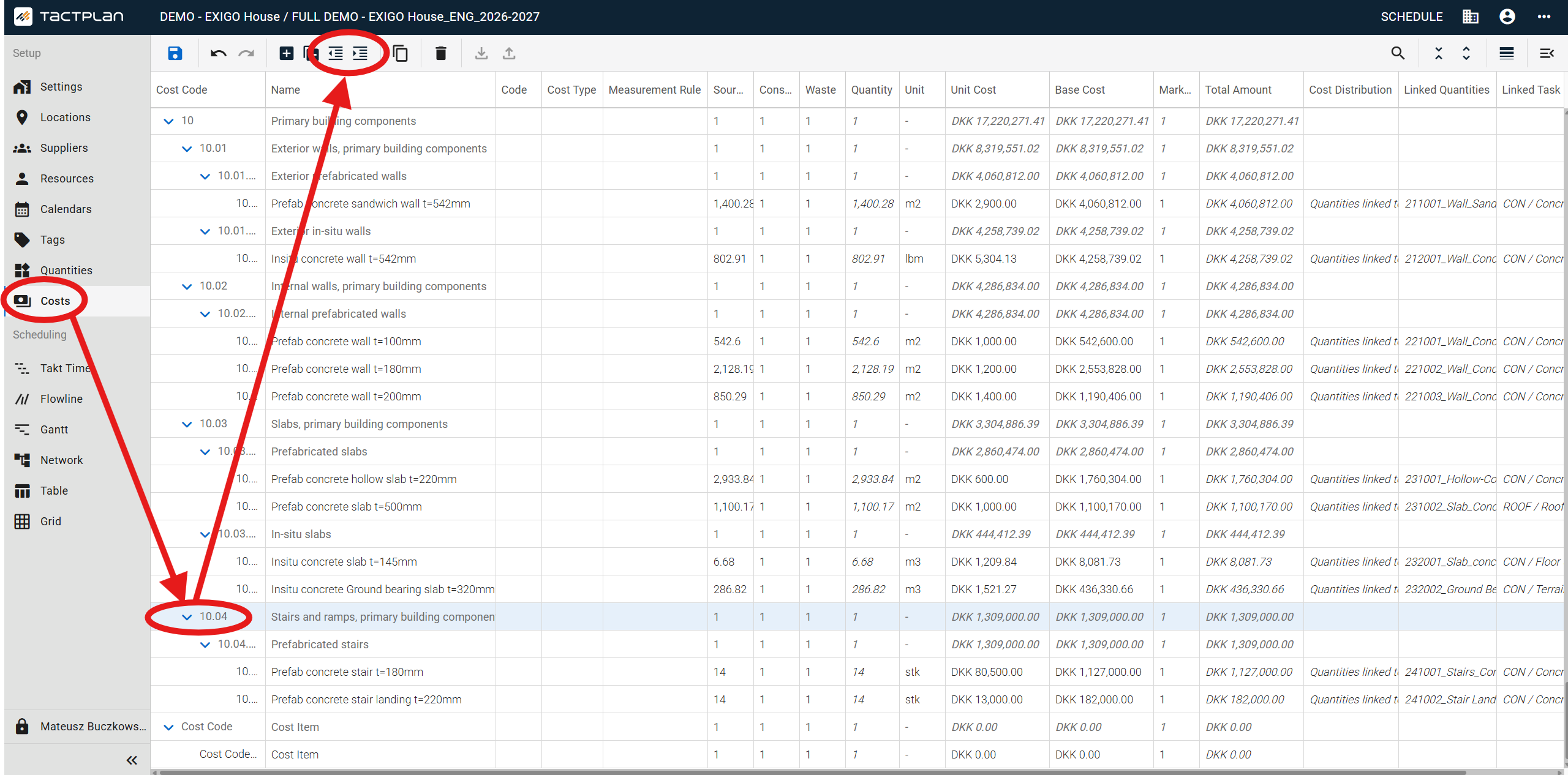 Setup - Costs - select cost item - Indent (en) (2.5.1)