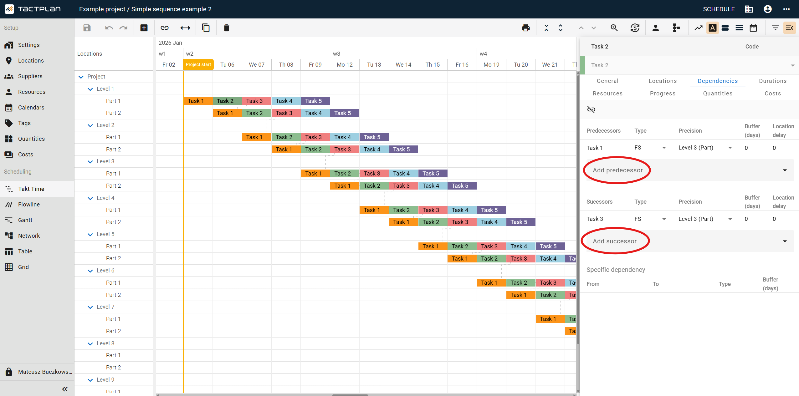 Scheduling - Takt Time - Task panel - Dependencies tab - Add predecessor and Add successor (en) (2.5.1)