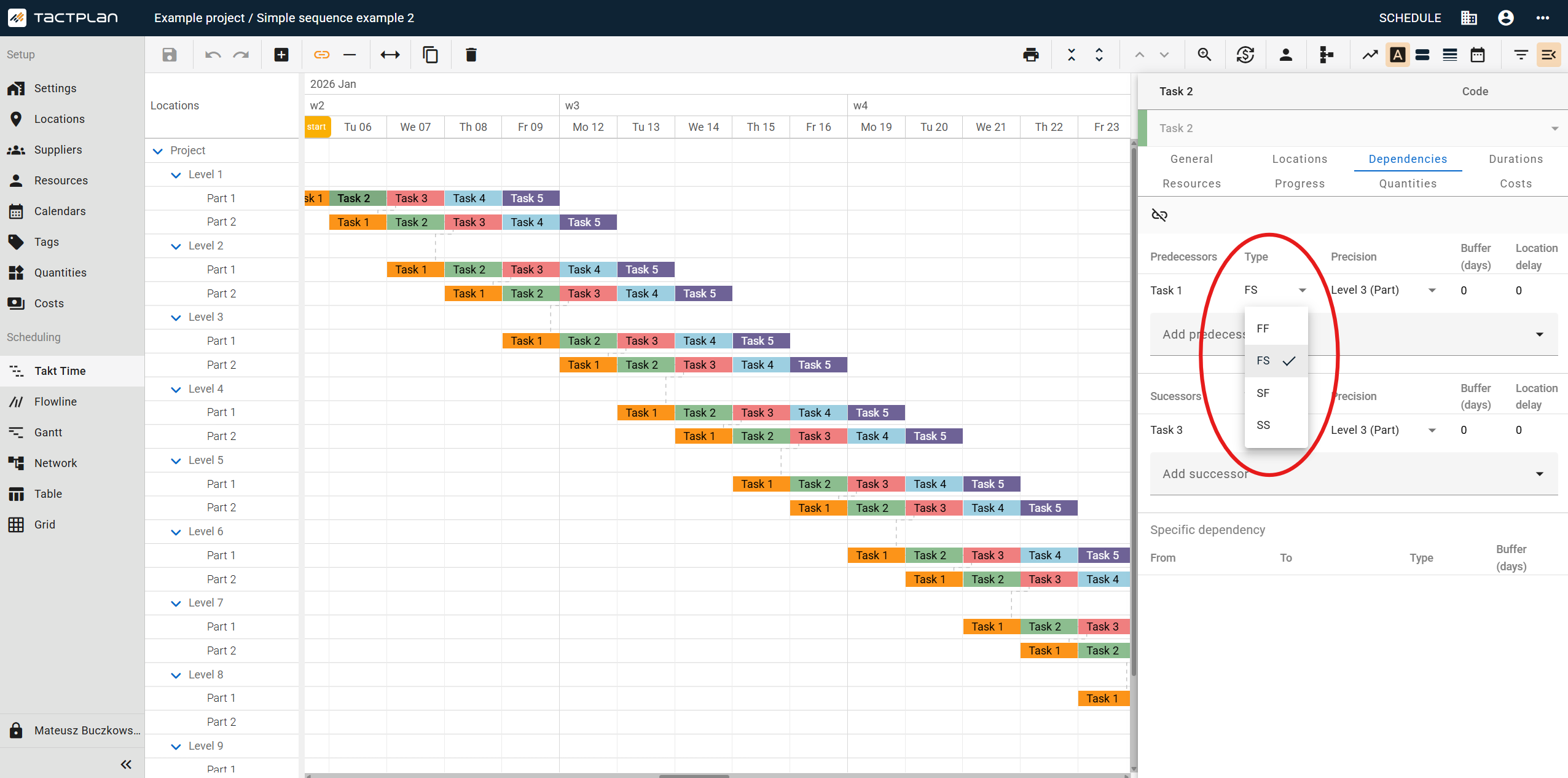 Scheduling - Takt Time - Task panel - Dependencies tab - Type (en) (2.5.1)