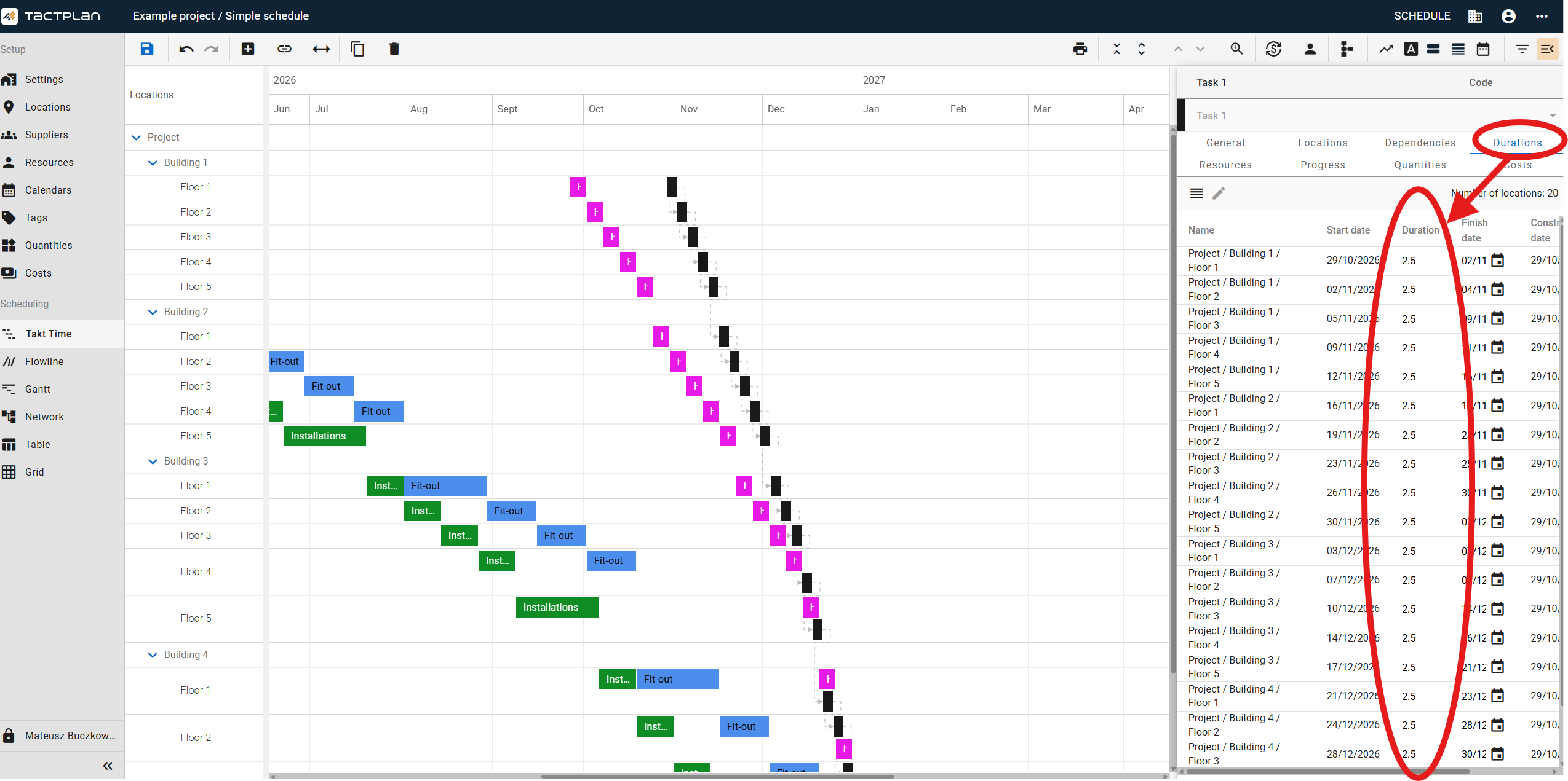 Scheduling - Takt Time - Task panel - Durations tab - Location task duration (en) (2.5.1)