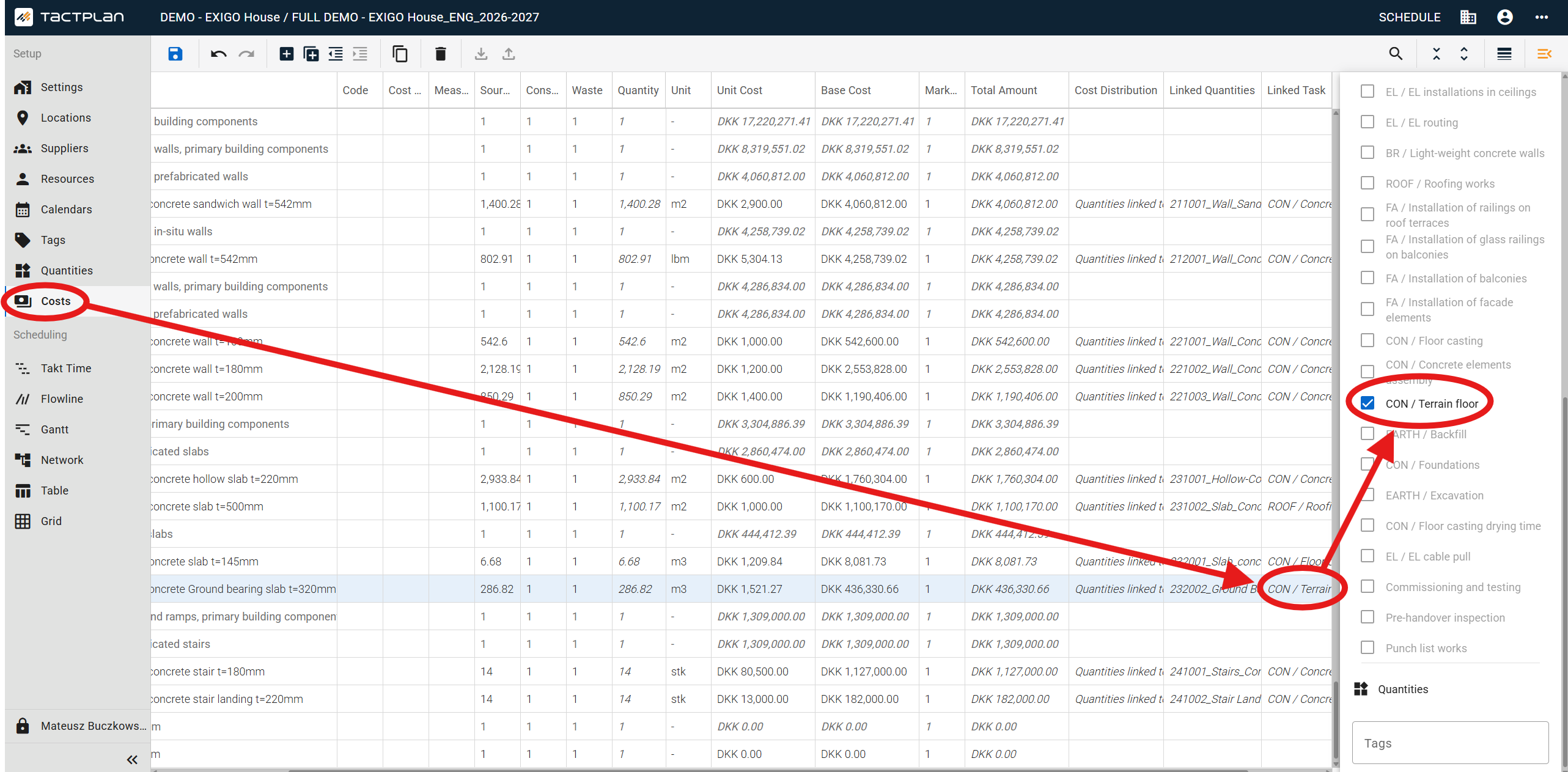 Setup - Costs - select cost item - Cost Details - select task (en) (2.5.1)