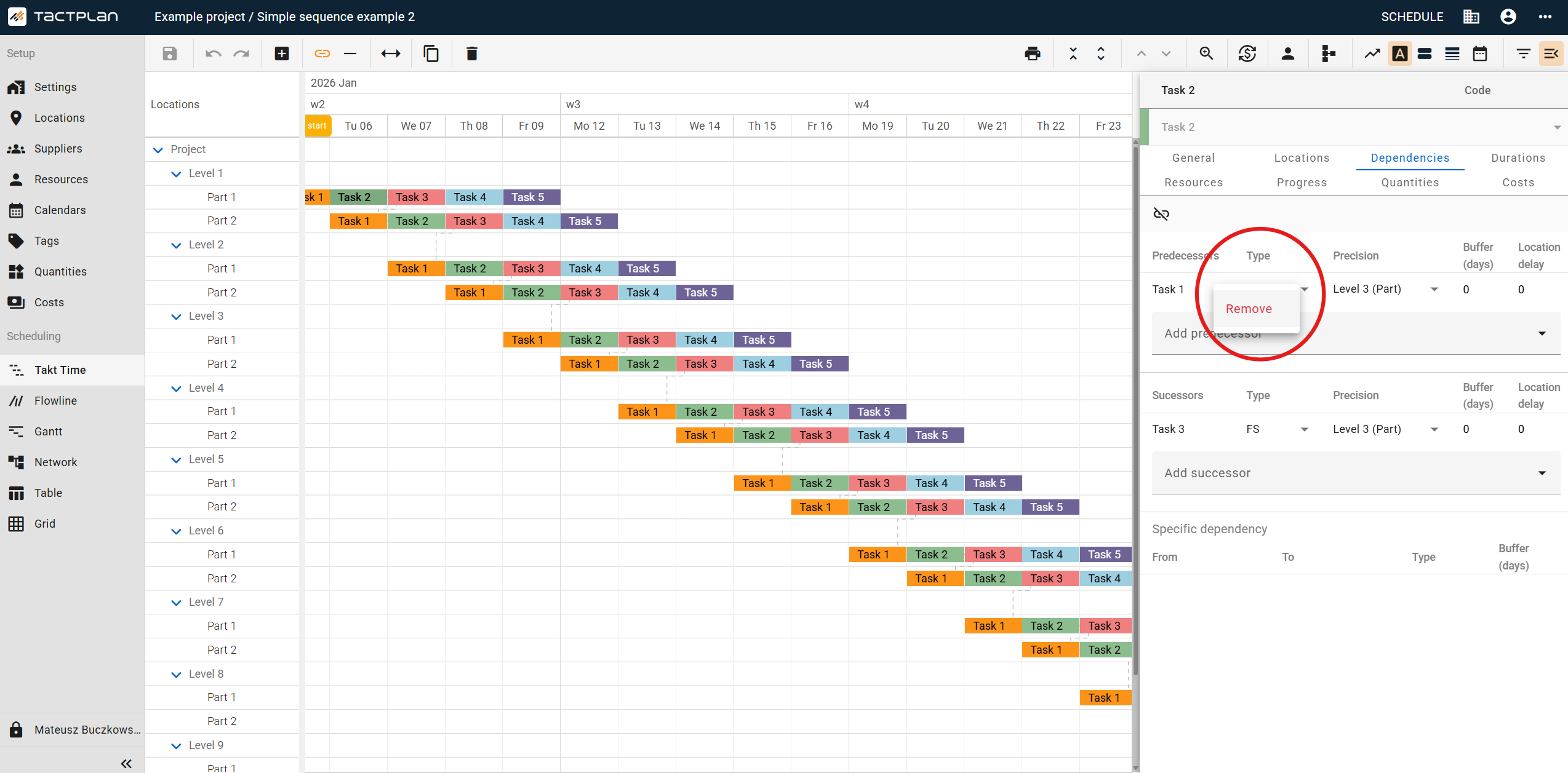 Scheduling - Takt Time - Task panel - Dependencies tab - Dependency contact menu - Remove (en) (2.5.1)