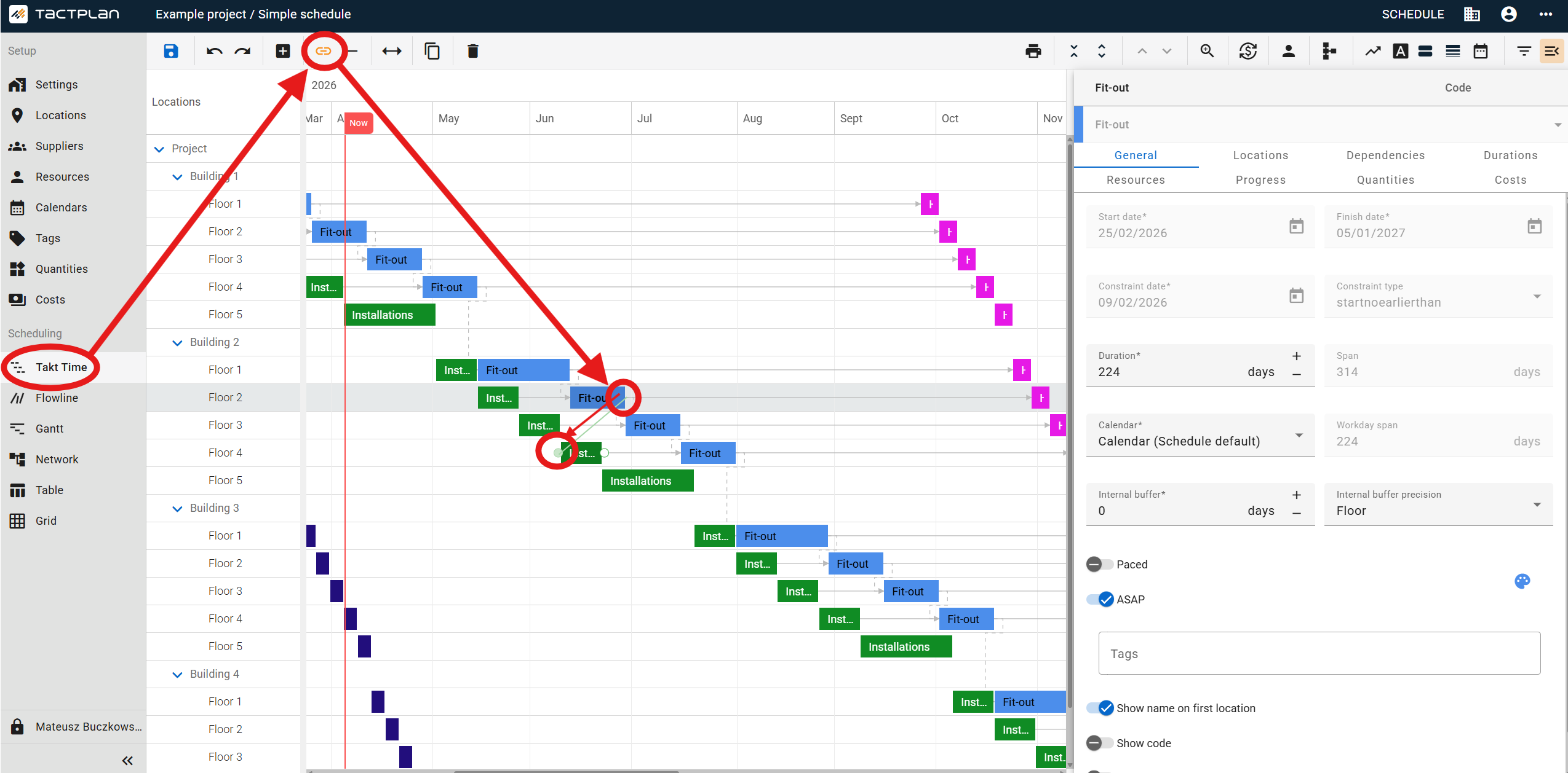 Scheduling - Takt Time - Drag general dependency with location delay (en) (2.5.1)