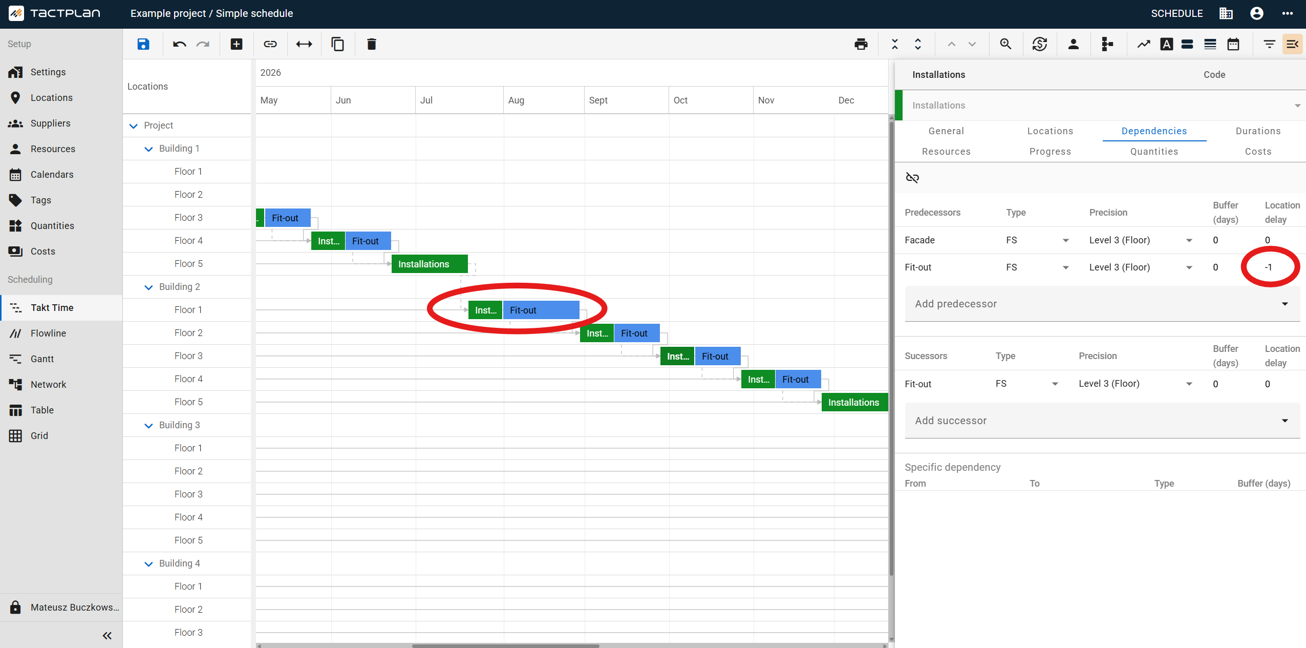 Scheduling - Takt Time - Task panel - Dependencies tab - Location delay (en) (2.5.1)