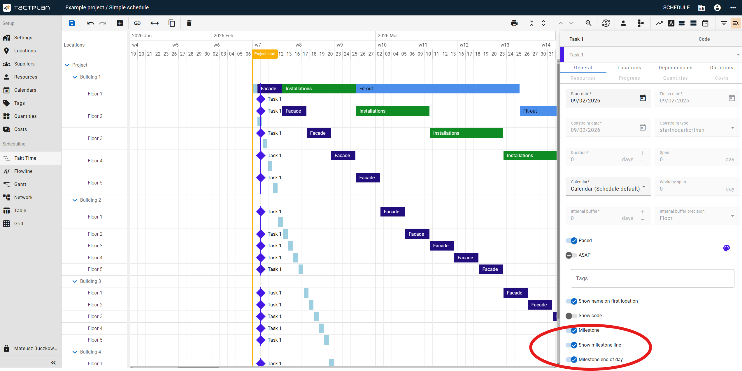 Scheduling - Takt Time - Task panel - General tab - Milestone settings (en) (2.5.1)
