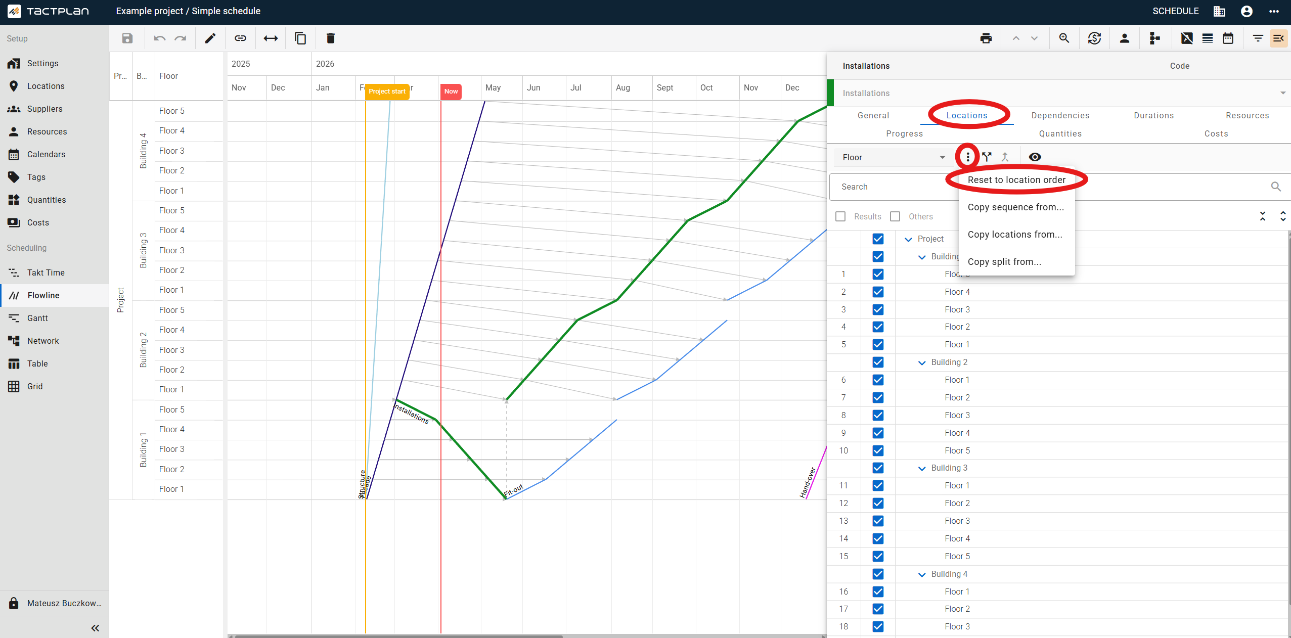 Scheduling - Flowline - Task panel - Location tab - More - Reset to location order (en) (2.5.1)