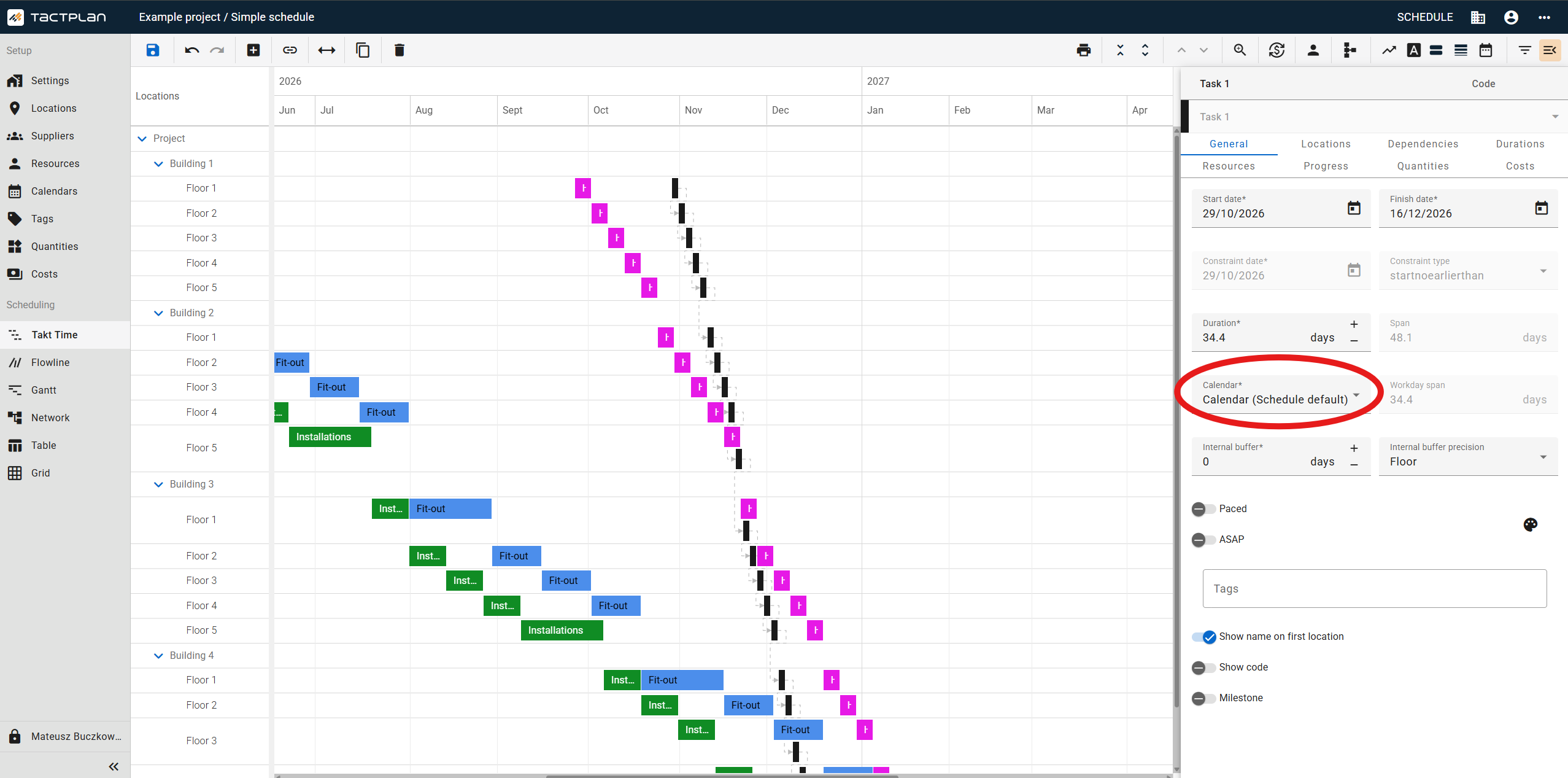 Scheduling - Takt Time - Task panel - General tab - Calendar (en) (2.5.1)