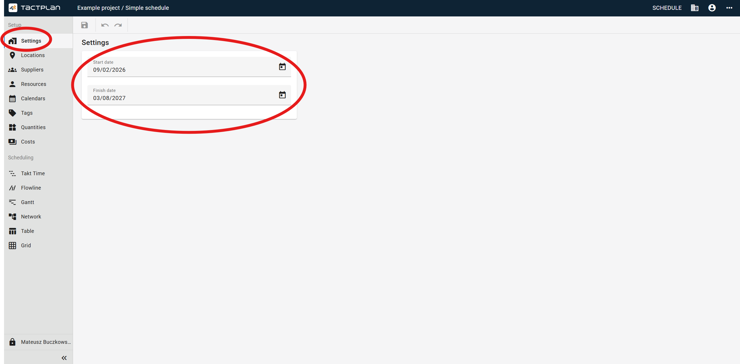 Setup - Settings - Start Date - Finish date (en) (2.5.1)