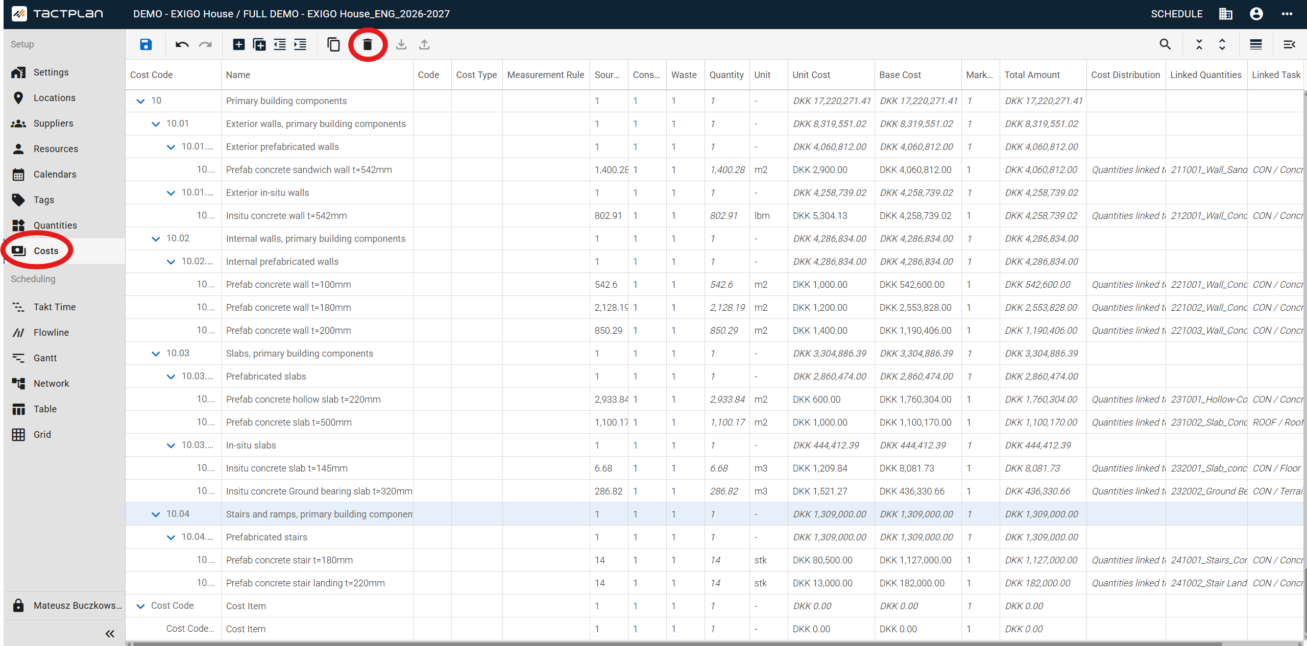 Setup - Costs - select cost item - Delete Cost Items (en) (2.5.1)