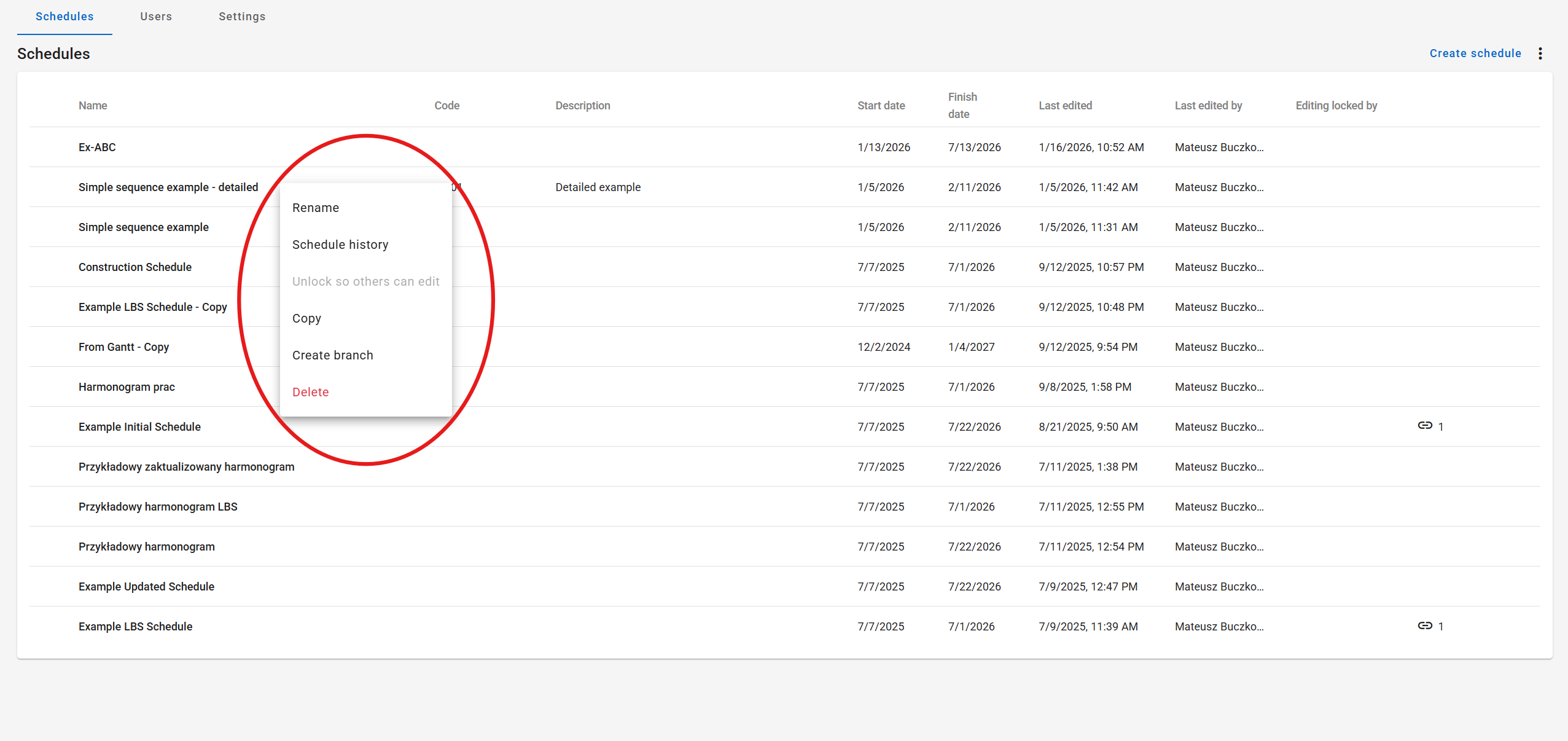 Project - Schedules tab - Schedule context menu (en) (2.5.1)
