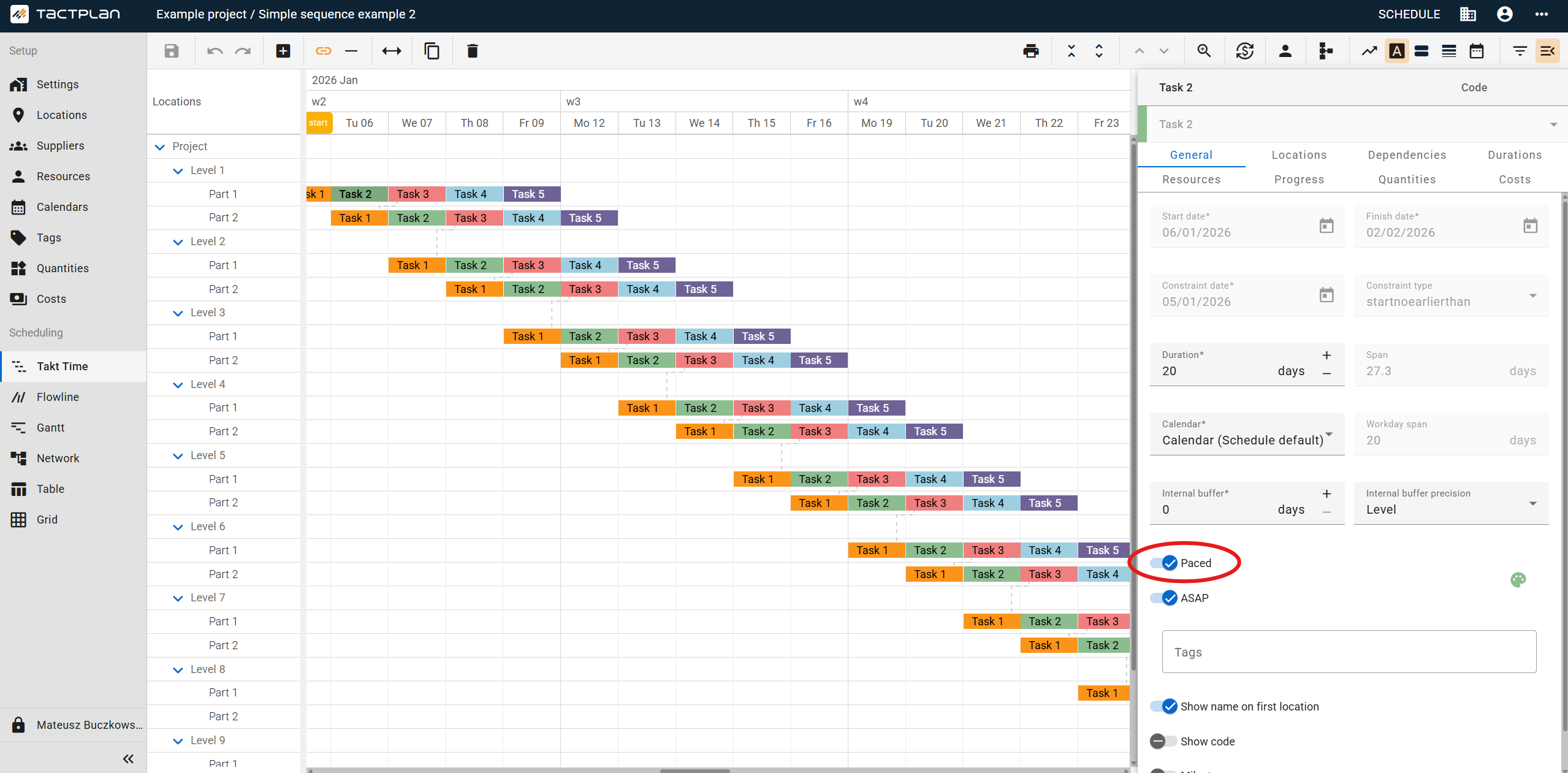 Scheduling - Takt Time - Task panel - General tab - Paced (en) (2.5.1)