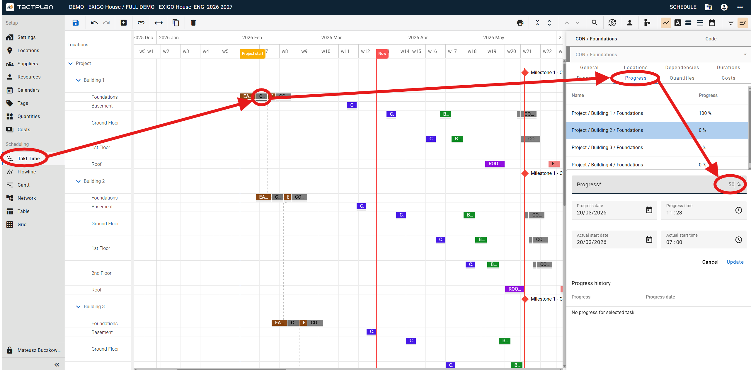 Scheduling - Takt Time - select task - Task Details - Progress - enter progress - Update (en) (2.5.1)
