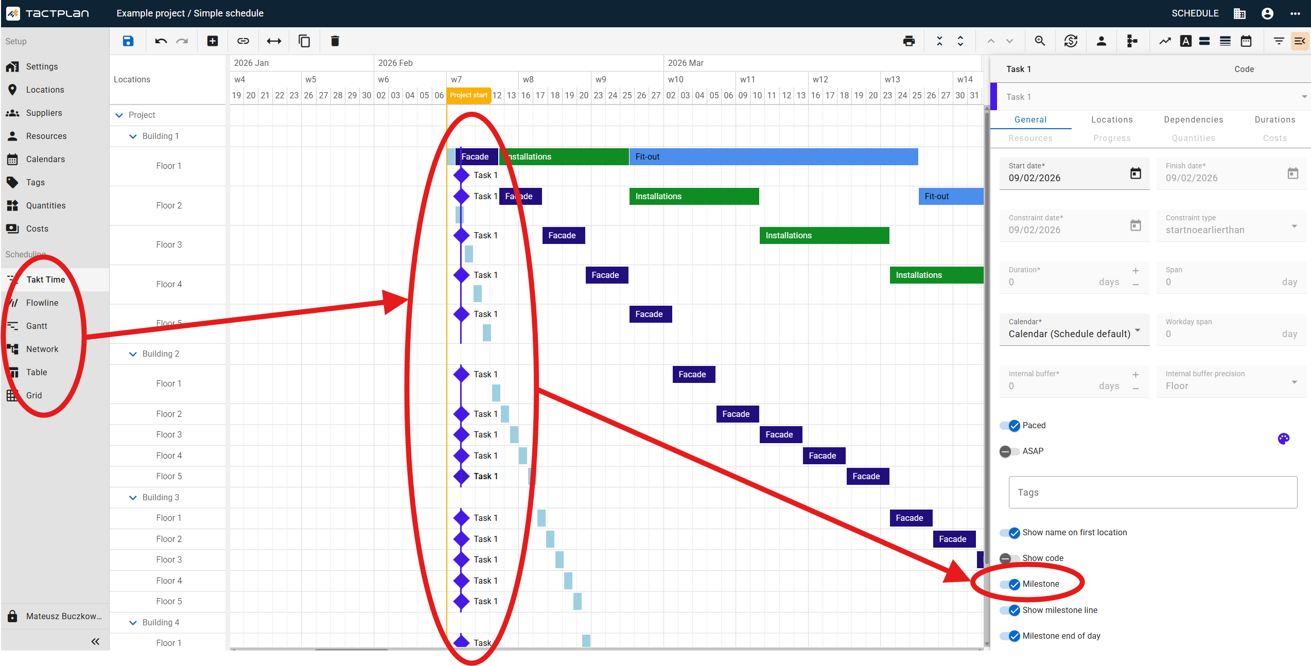 Scheduling - Takt Time - Task panel - General tab - Convert to milestone (en) (2.5.1)