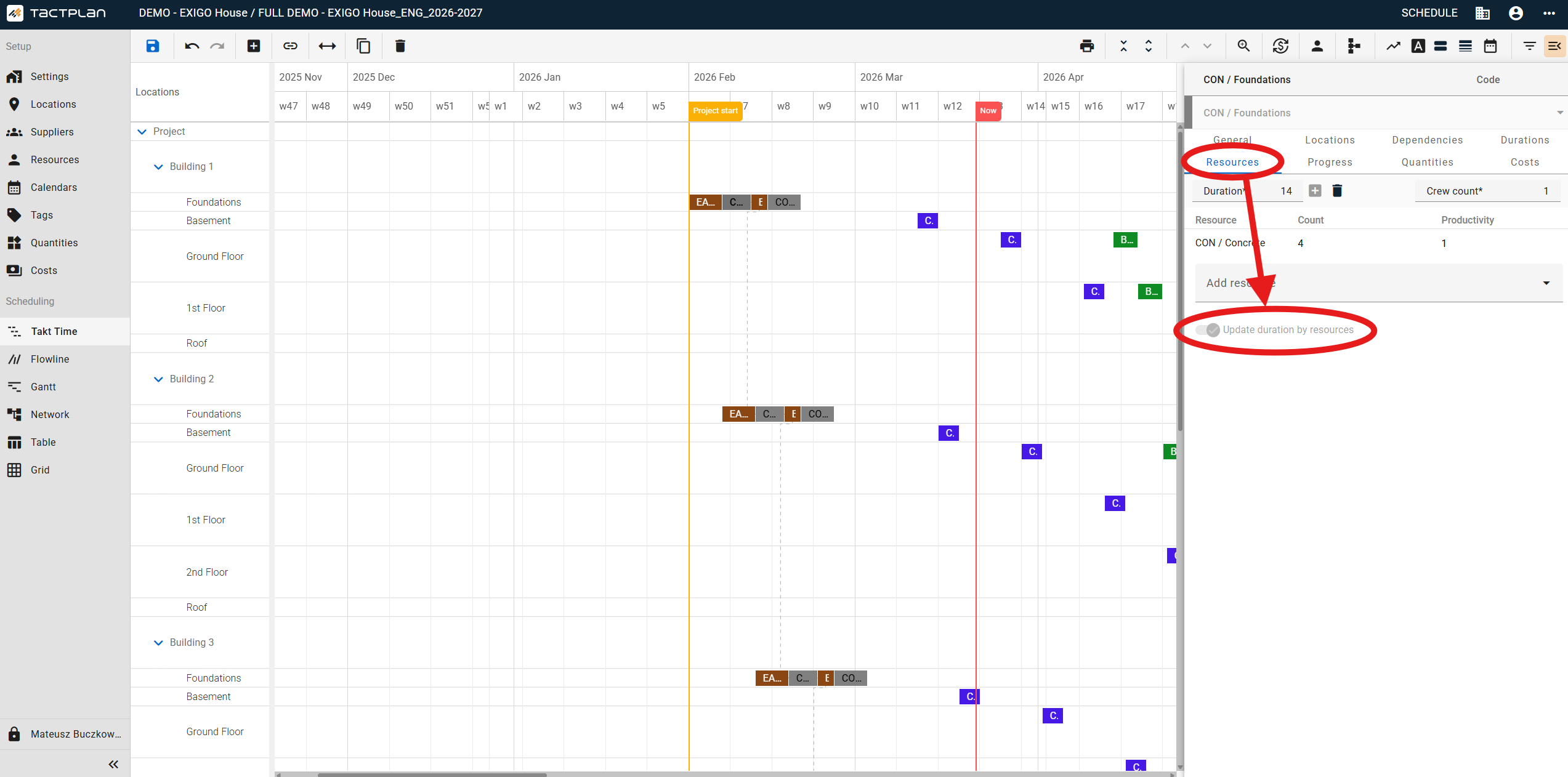 Scheduling - Takt Time - Task panel - Resources tab - Update duration by resources (disabled) (en) (2.5.1)