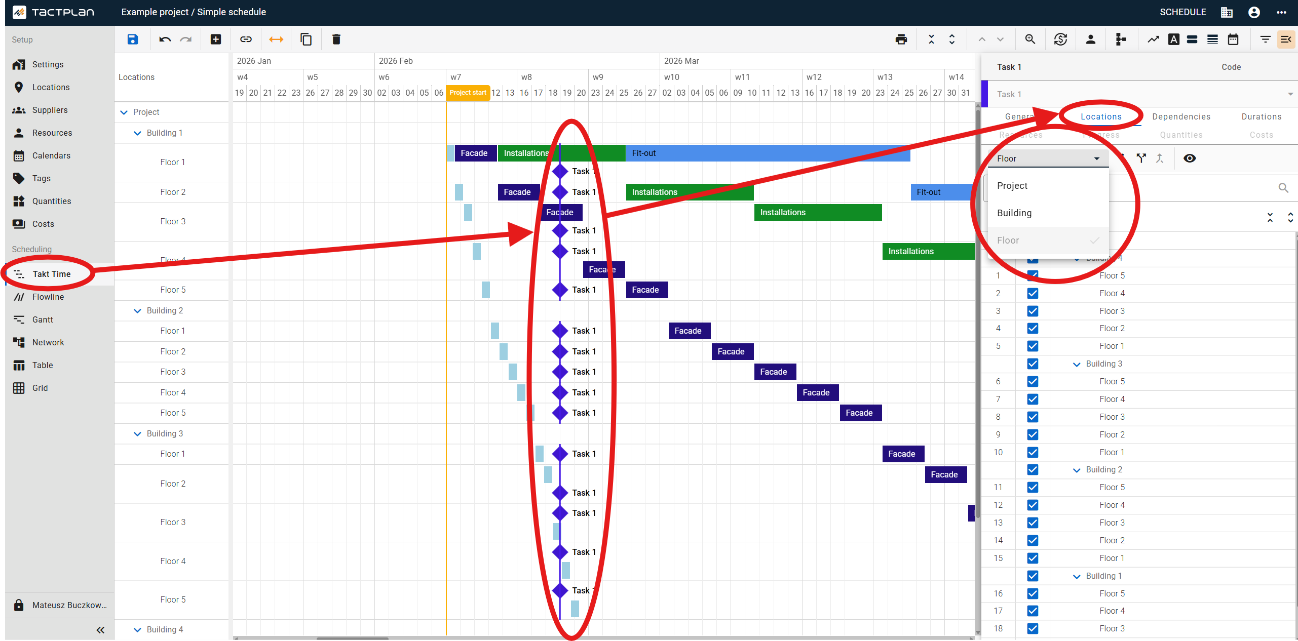 Scheduling - Takt Time - Task panel - Location tab - Change location level (en) (2.5.1)