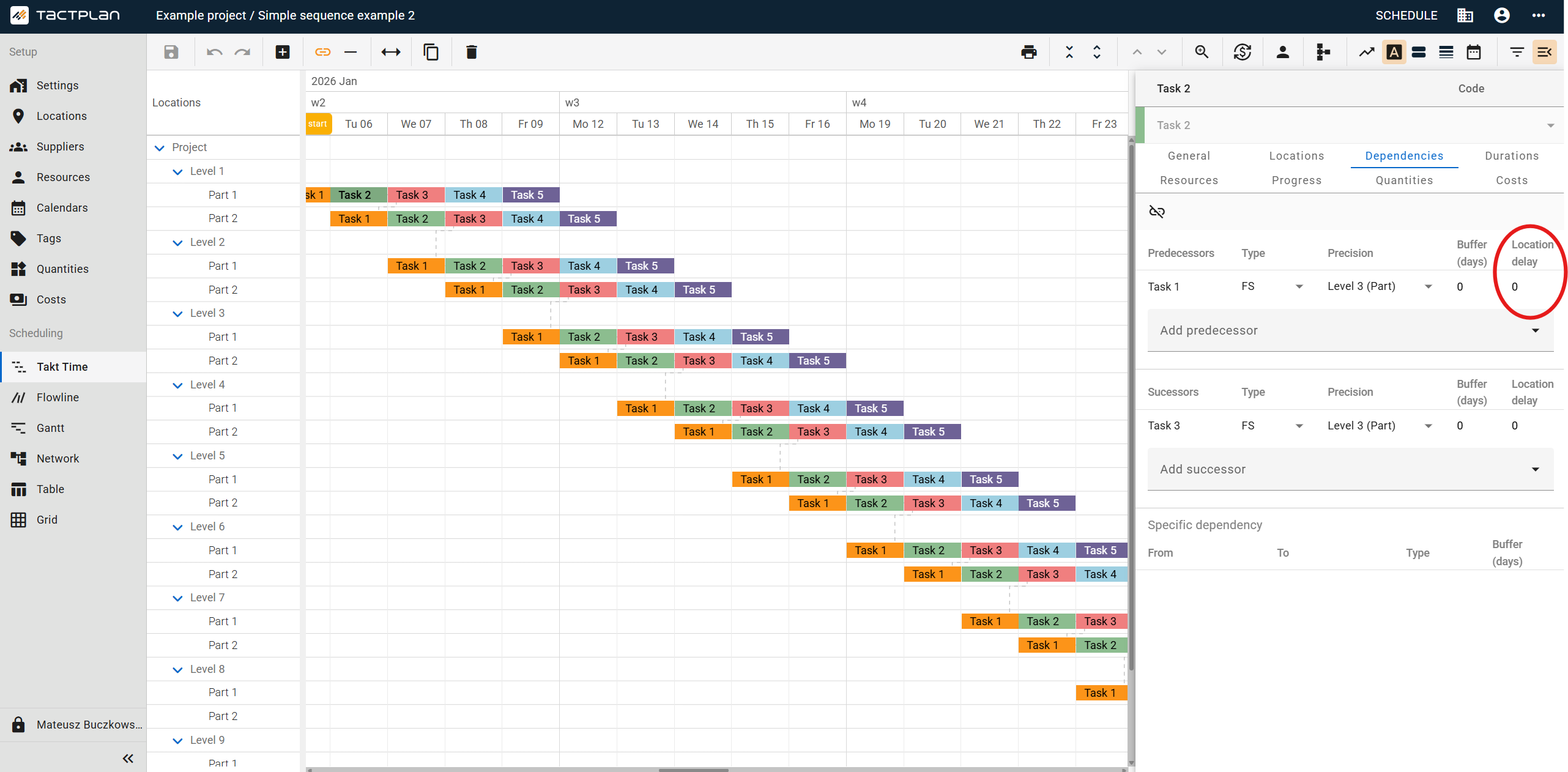 Scheduling - Takt Time - Task panel - Dependencies tab - Location delay  (en) (2.5.1)