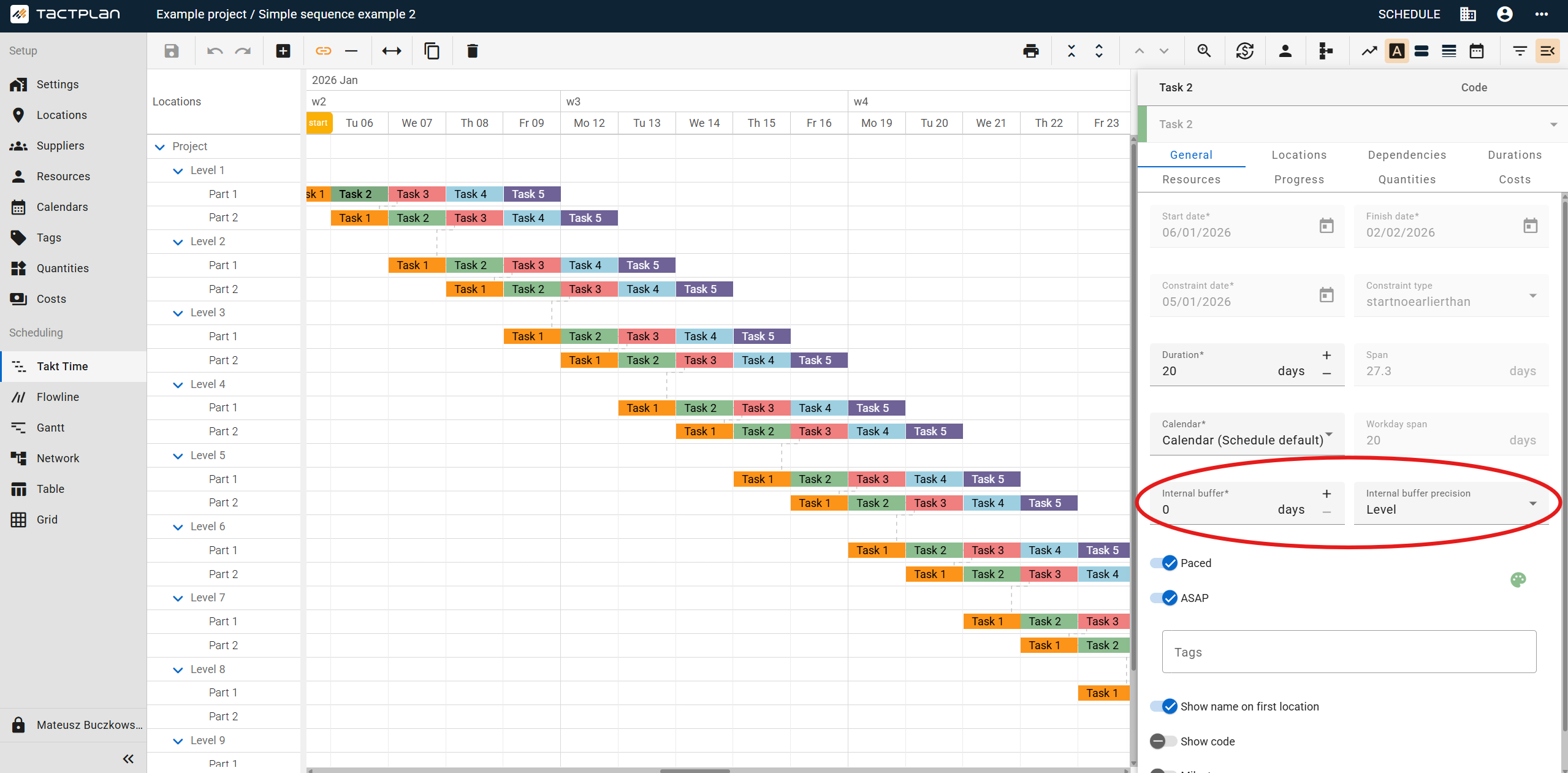 Scheduling - Takt Time - Task panel - General tab - Internal buffer and Internal buffer precision (en) (2.5.1)