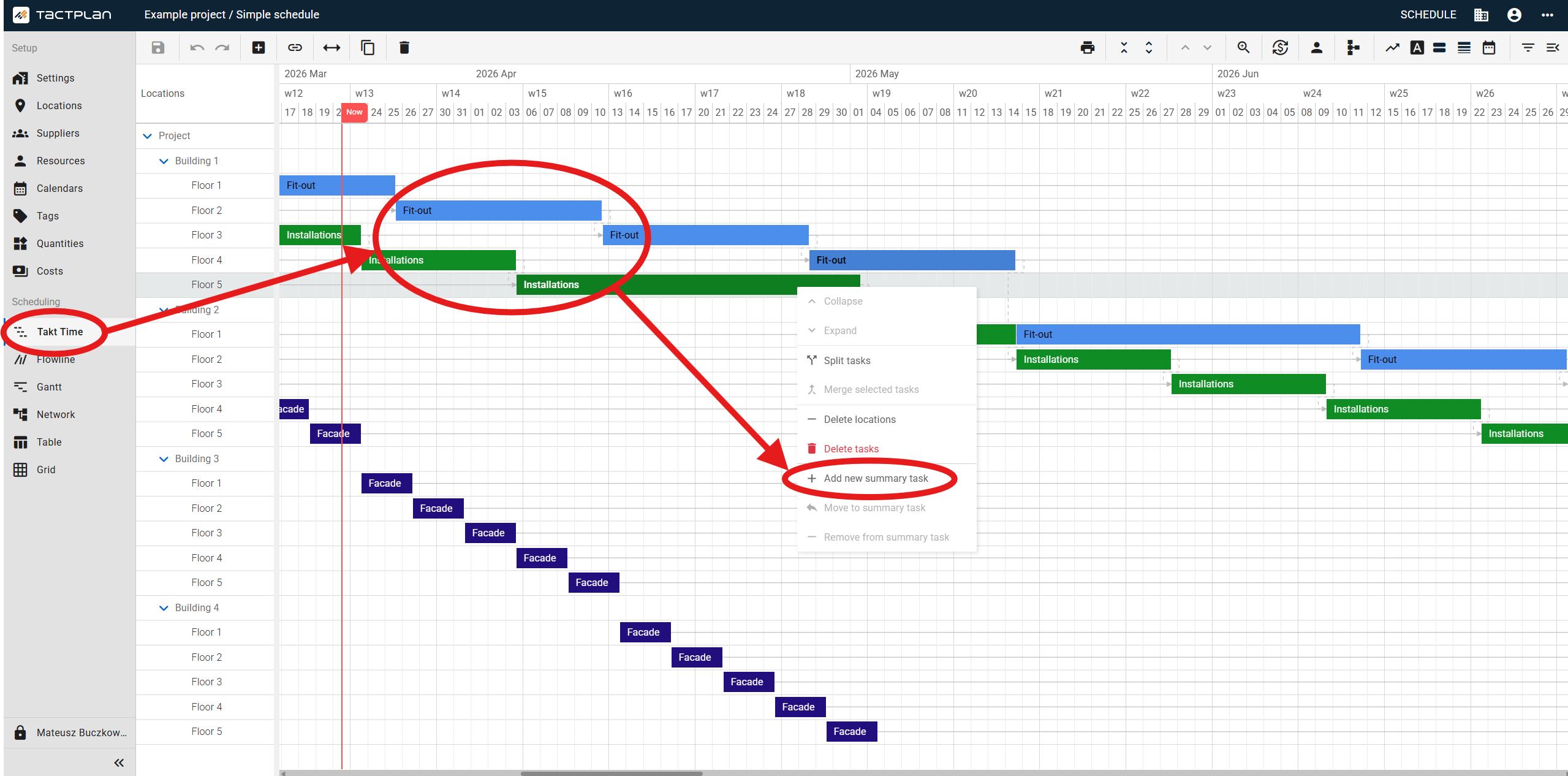 Scheduling - Takt Time - Task context menu - Add new summary task (en) (2.5.1)