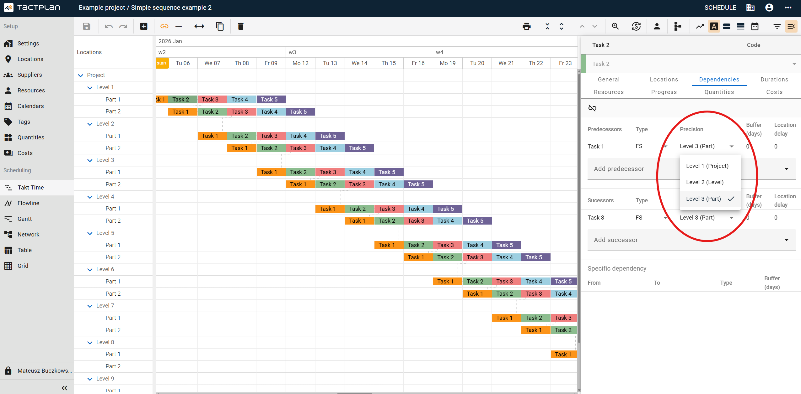 Scheduling - Takt Time - Task panel - Dependencies tab - (Location) Precision (en) (2.5.1)