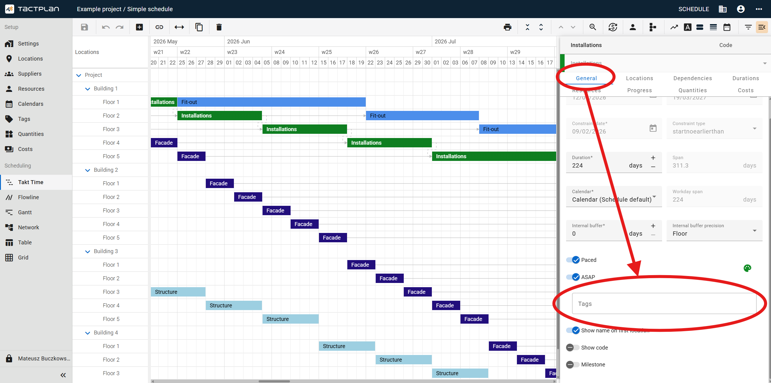 Scheduling - Takt Time - select task - Task Details - General tab - Tags (en) (2.5.1)