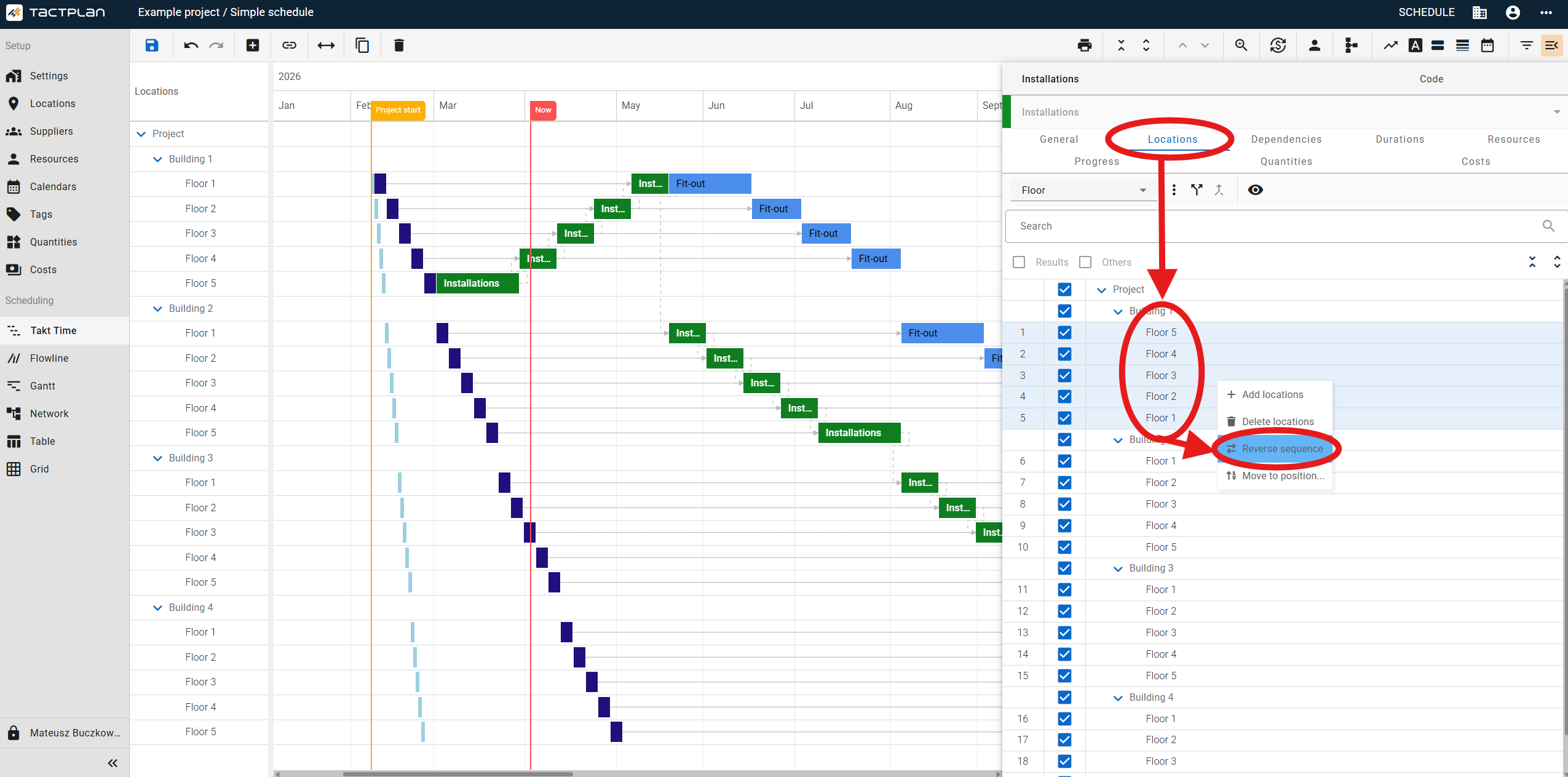 Scheduling - Flowline - Task panel - Location tab - Location context menu - Reverse sequence (en) (2.5.1)