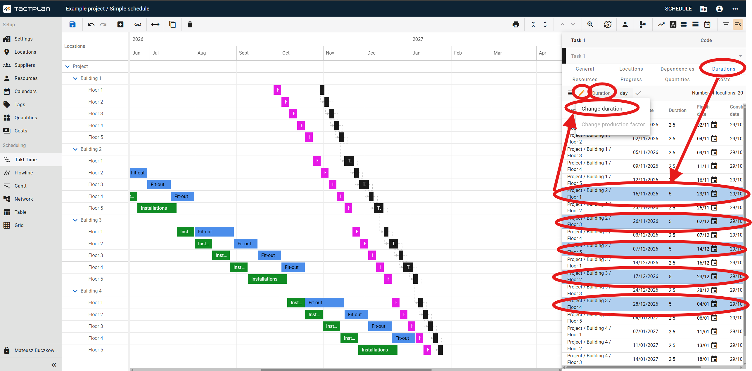 Scheduling - Takt Time - Task panel - Durations tab - Bulk change duration (en) (2.5.1)