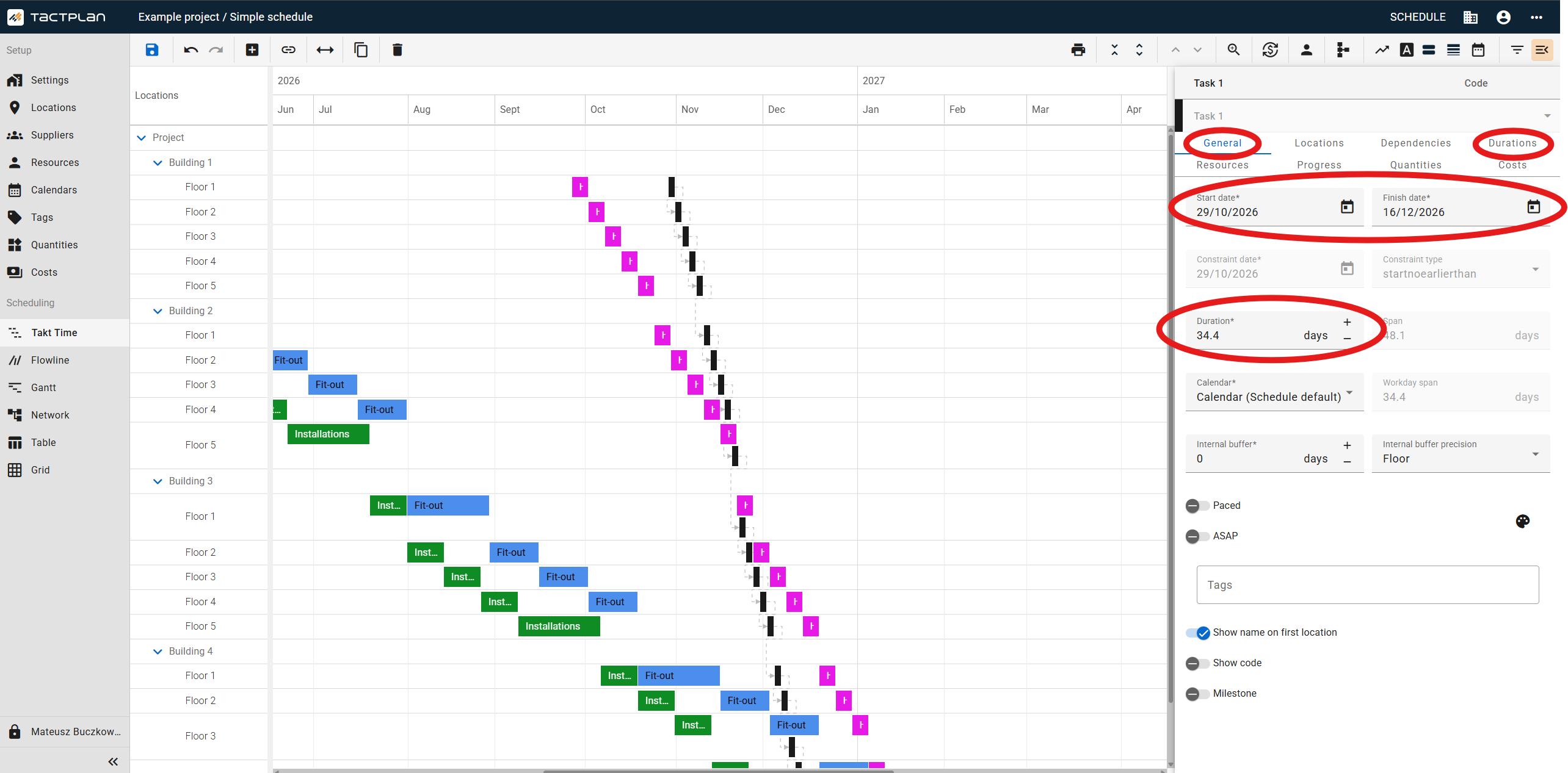 Scheduling - Takt Time - Task panel - General tab - Start date, Finish date and Duration (en) (2.5.1)