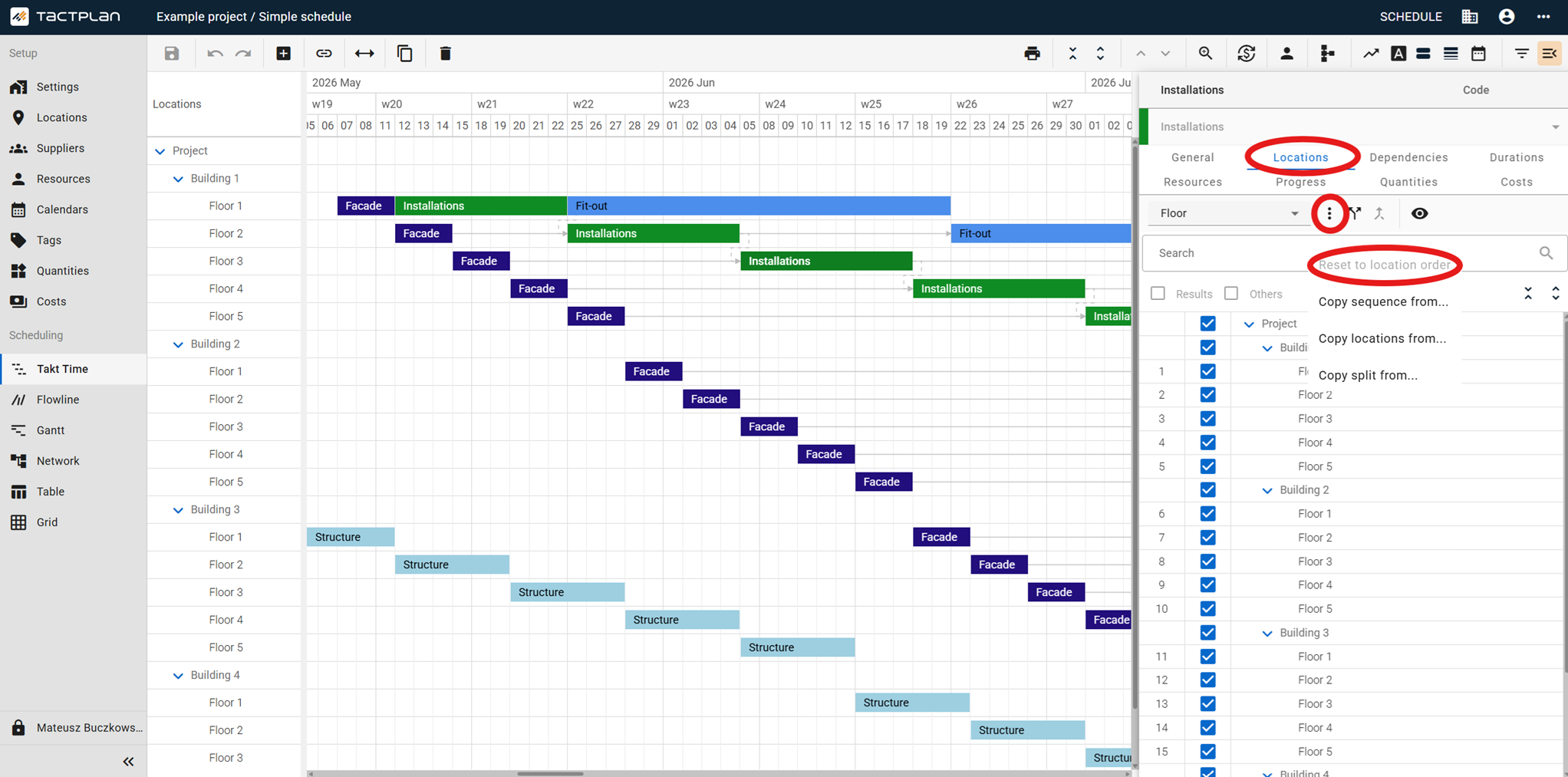 Scheduling - Takt Time - Task Details - Locations - three dots - Reset Location Order (en) (2.5.1)