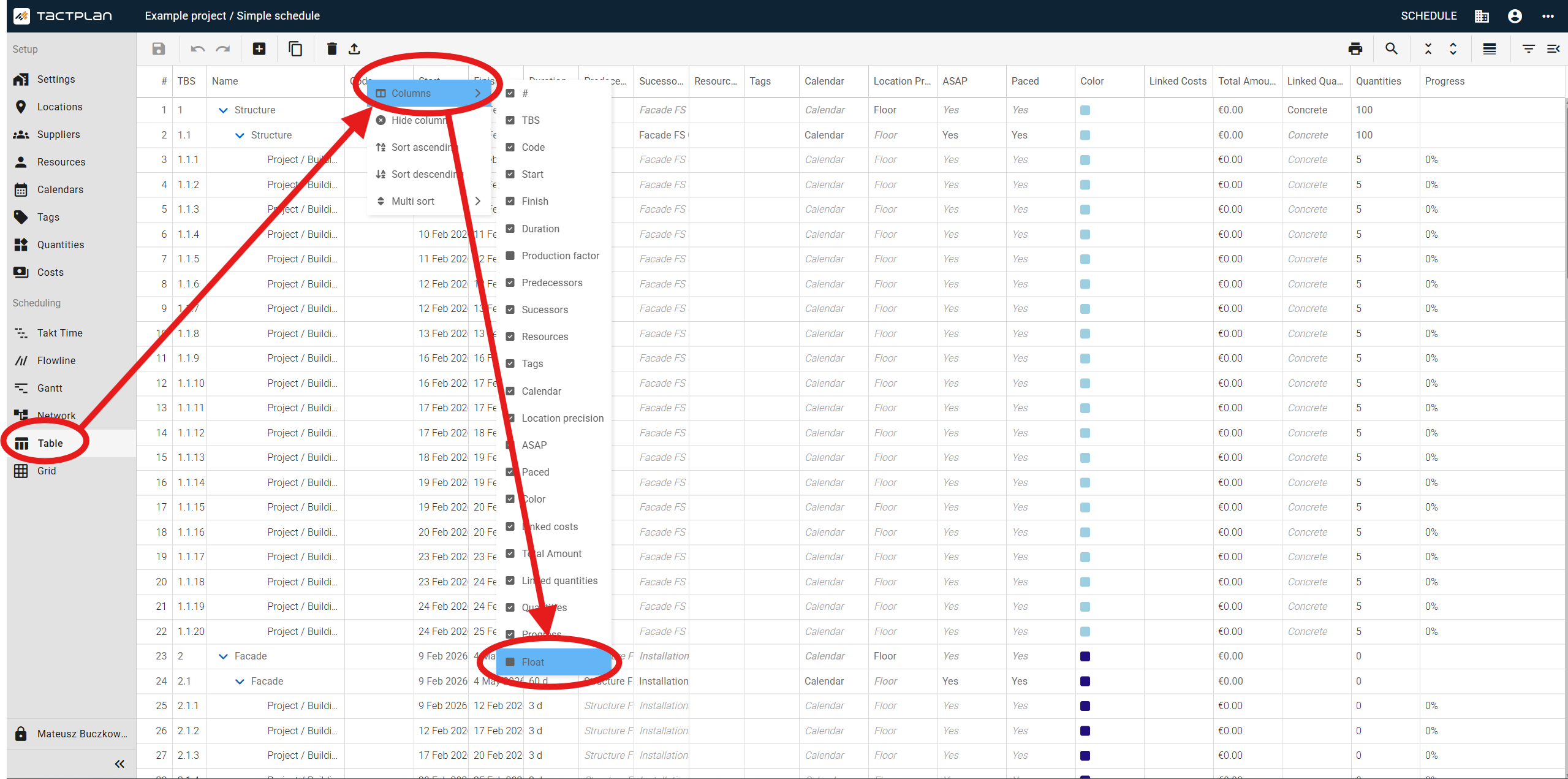 Scheduling - Table - right click header row - Float (en) (2.5.1)
