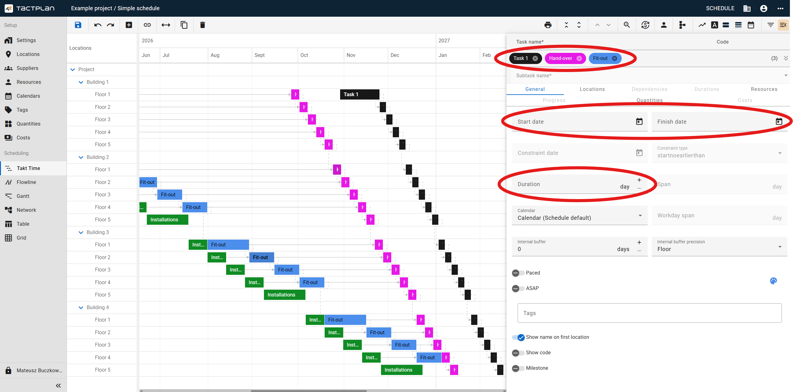 Scheduling - Takt Time - Task panel - Bulk edit Start date, End Finish date and Duration (en) (2.5.1)